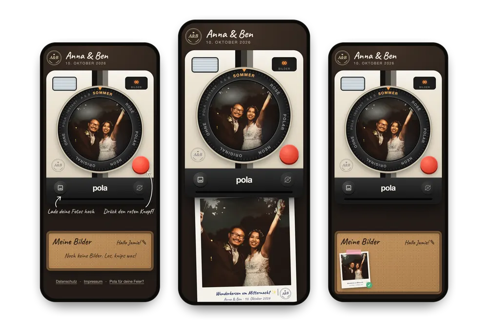 Pola auf dem Smartphone: Kamera mit Live-Vorschau, ein frisch entwickeltes Pola mit Bildunterschrift und die Pinnwand „Meine Bilder“